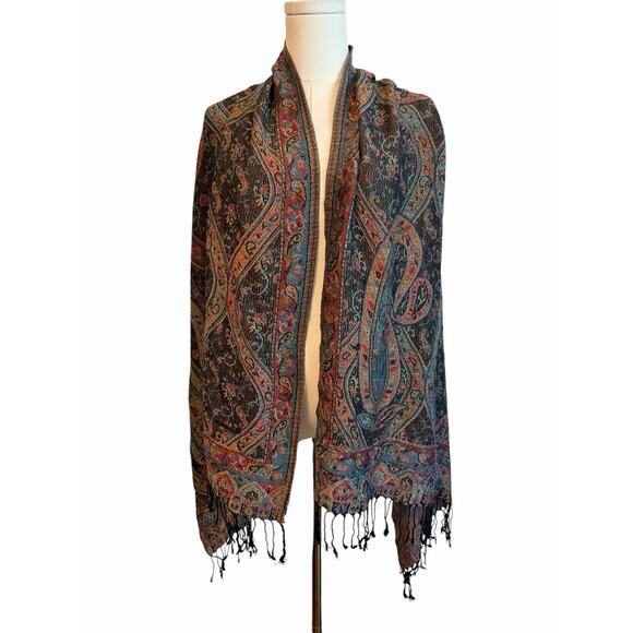 Jerusalem 100% Cashmere Scarf Wrap Paisley Fringe Luxury 27x72 - Picture 2 of 8